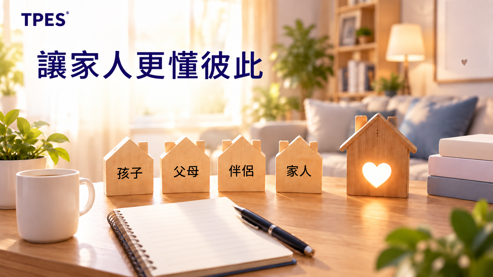 TPES：讓家人更懂彼此。溫暖客廳中的木屋分別代表孩子、父母、伴侶、家人，連結一座亮著愛心的家。