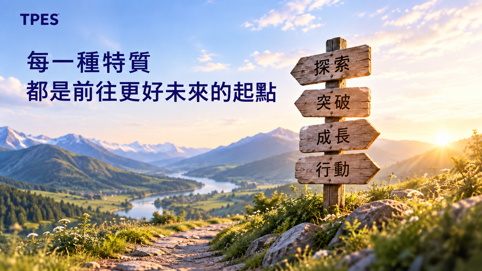 TPES:每一種特質,都是前往更好未來的起點。山谷步道旁的路標依序寫著探索、突破、成長、行動。