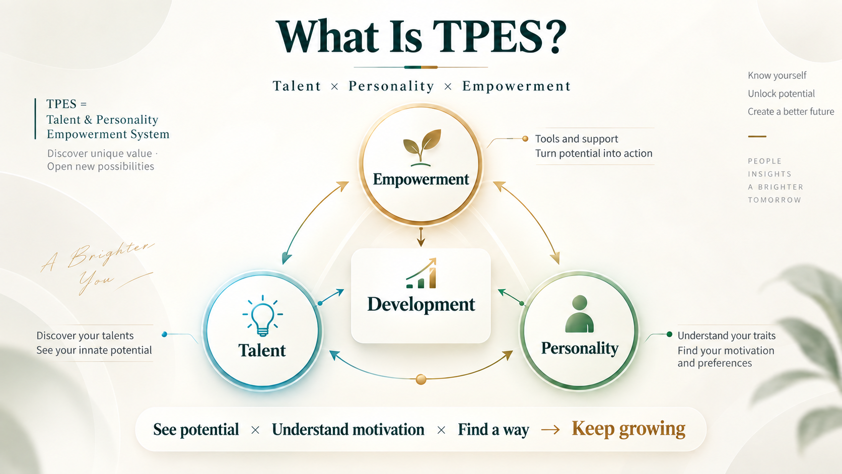 TPES connects talent, personality, and empowerment for ongoing development: discover potential, understand drivers, and provide tools and support.