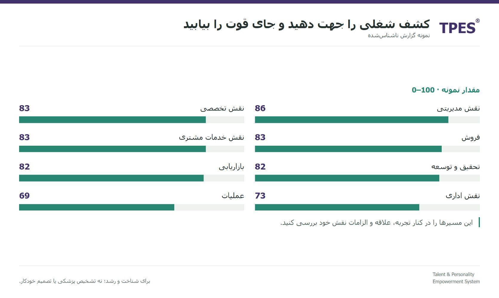 صفحه داخلی گزارش: رتبهبندی تناسب و نمودار راداری هشت حوزه کاری؛ مدیریت 86، نقشهای تخصصی 83، فروش 83، خدمات مشتری 83، تحقیق و توسعه 82، بازاریابی 82، امور اداری 73 و عملیات 69.
