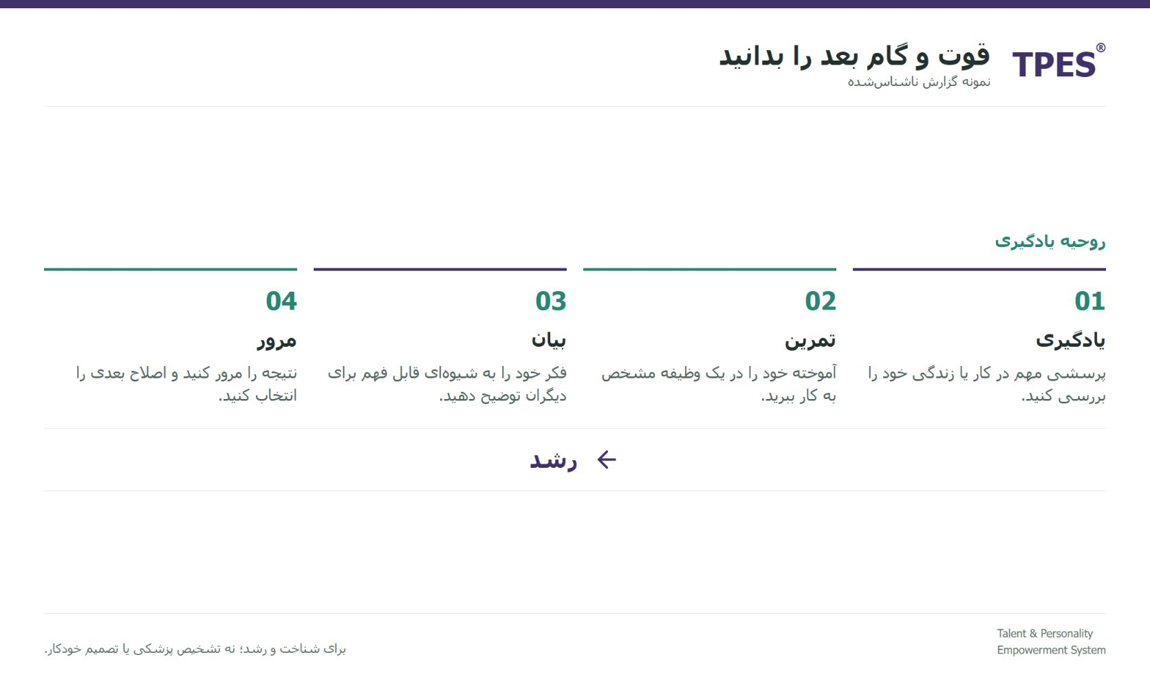 صفحه گزارش: راهبرد رشد فردی؛ نمونه روحیه یادگیری، تبدیل فکر انتزاعی به کار عملی، بیان روشن و پیوند زندگی، شغل و کار تیمی را پیشنهاد میکند.
