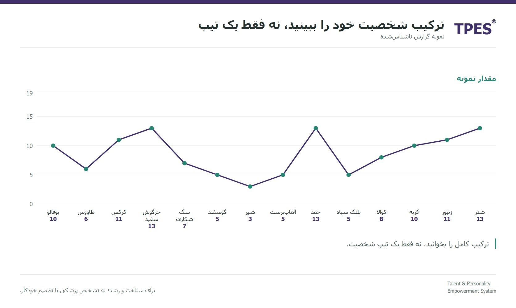 صفحه گزارش: نمودار خطی 14 بُعد؛ اصلی شتر، خرگوش سفید و جغد؛ مکمل کرکس و زنبور.