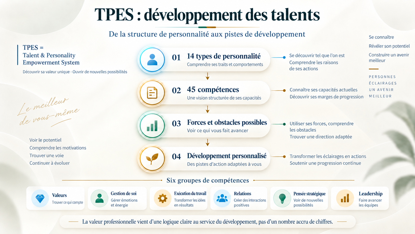 Le cadre de développement des talents TPES : une structure de personnalité à 14 types, 45 compétences, les moteurs liés aux forces et les obstacles possibles, ainsi que des recommandations de développement individualisées. Les compétences sont réparties en six groupes.