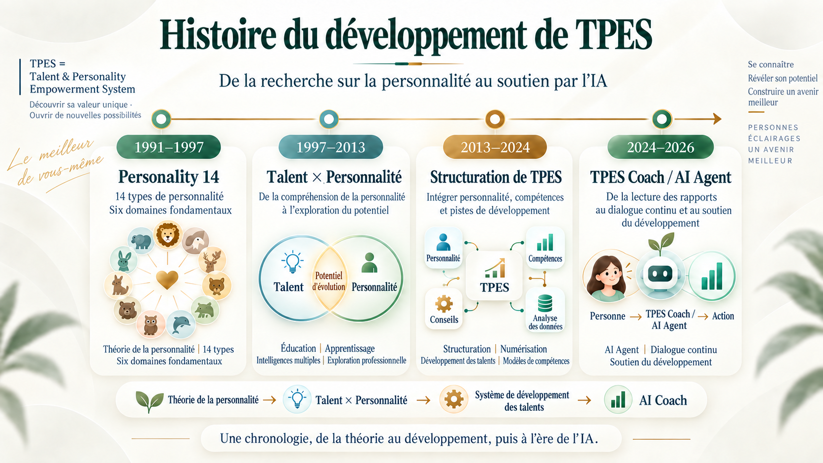 Les quatre étapes de TPES : 1991–1997, Personality 14 ; 1997–2013, talent et personnalité ; 2013–2024, structuration du système TPES ; 2024–2026, TPES Coach et AI Agent.