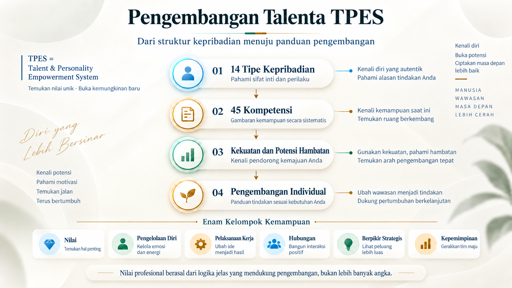 Kerangka pengembangan talenta TPES: 14 tipe kepribadian, 45 kompetensi, pendorong kekuatan dan potensi hambatan, serta saran individual. Kompetensi terbagi enam kategori.