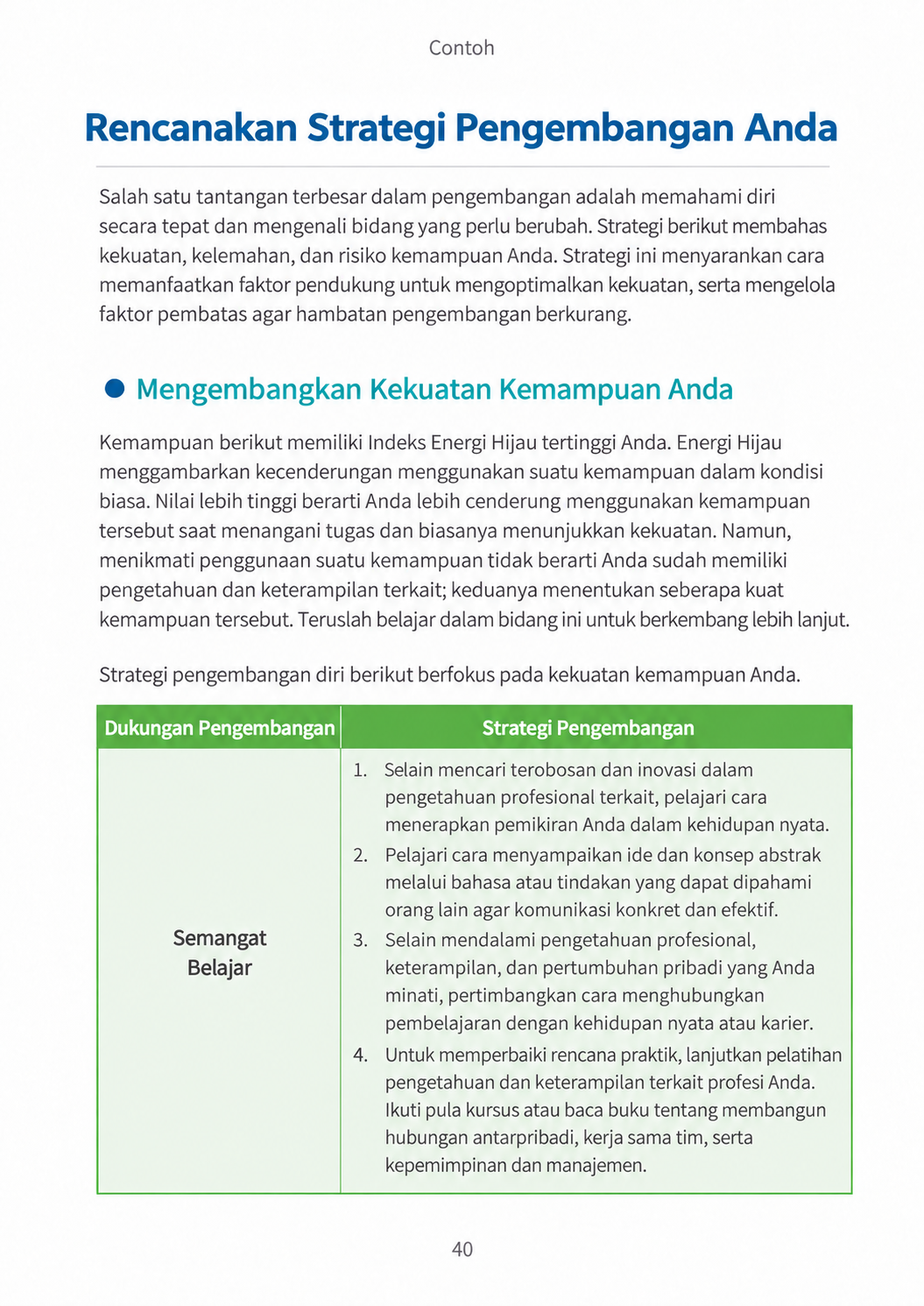 Halaman laporan: strategi pribadi dengan contoh Semangat Belajar, mengubah pemikiran abstrak menjadi praktik, komunikasi jelas, dan kaitan dengan hidup, karier, serta tim.