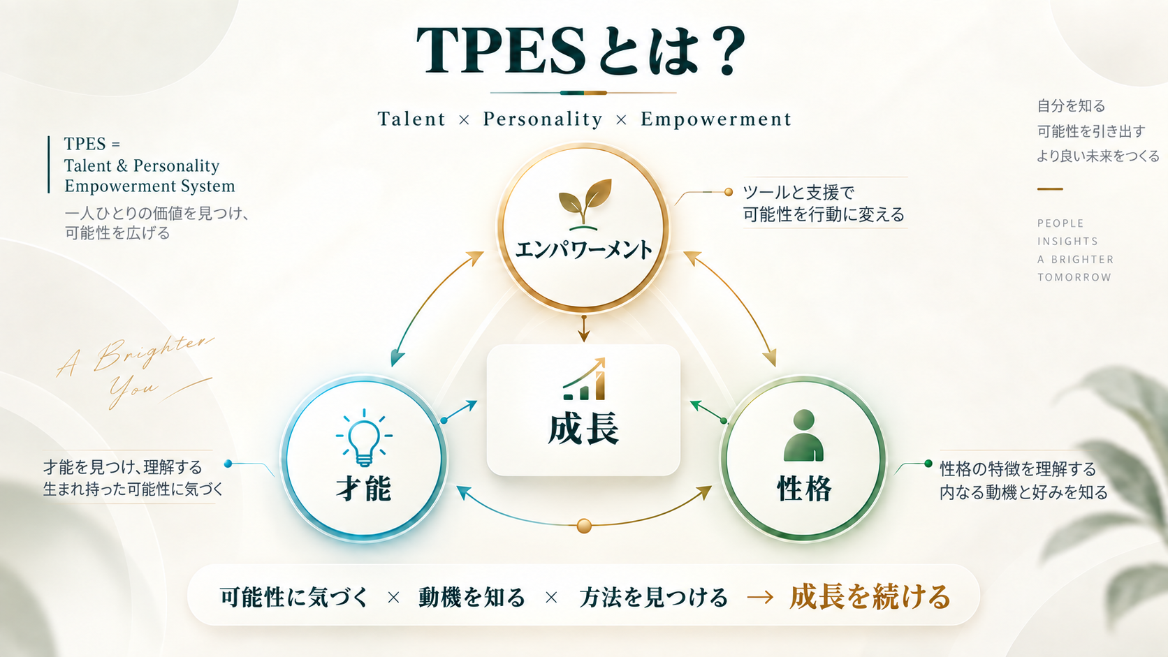 TPESは、才能、性格、エンパワーメントを継続的な成長につなげます。潜在能力を発見し、動機を理解し、ツールと支援を提供します。