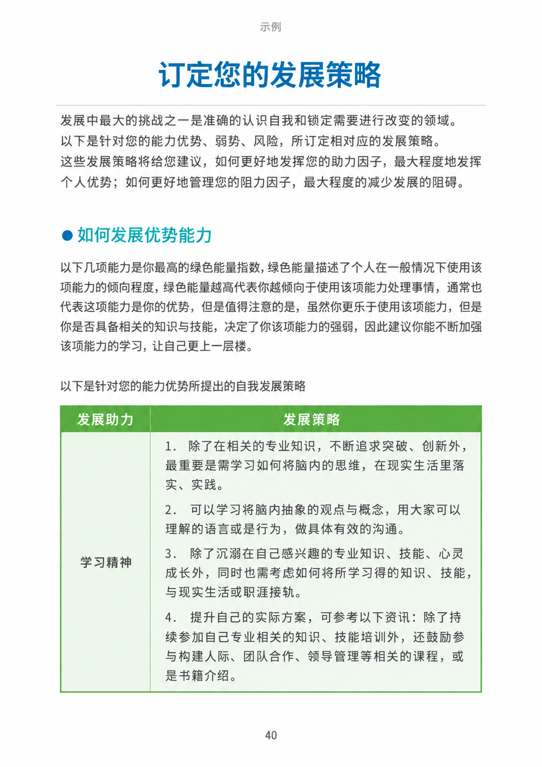 报表内页:个人发展策略,以学习精神为例,建议将抽象思考转成实作、清楚表达,并连结生活、职涯与团队合作。